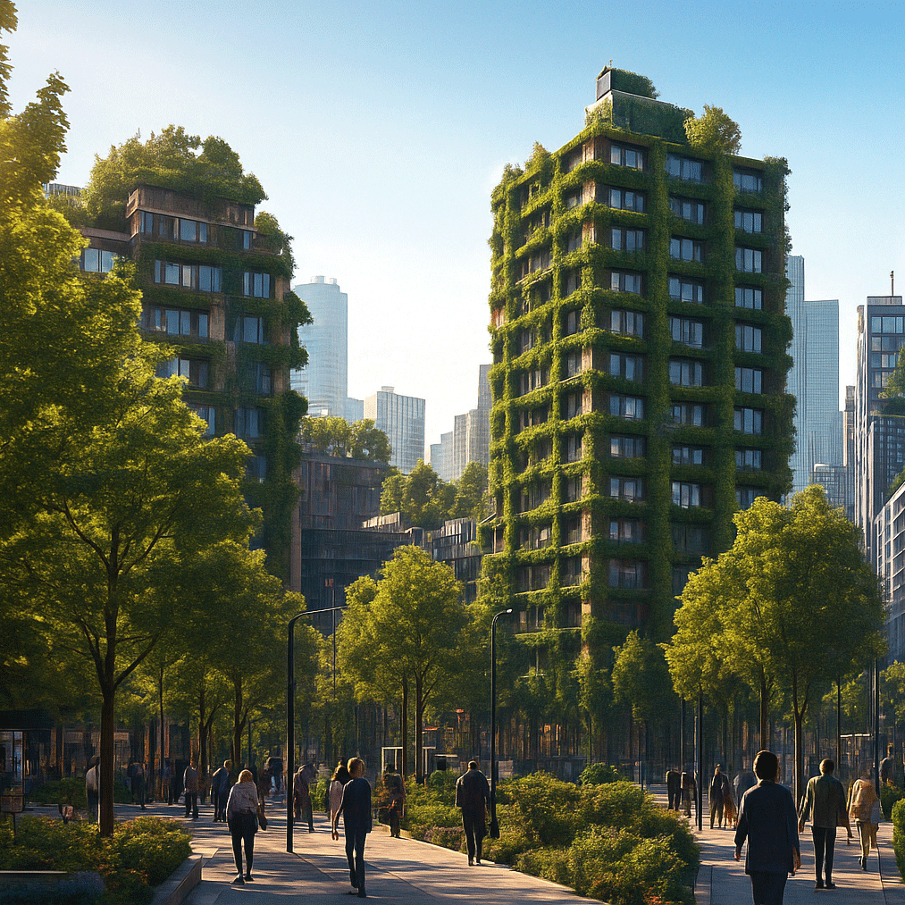 Modern city with vertical green walls and rooftop gardens