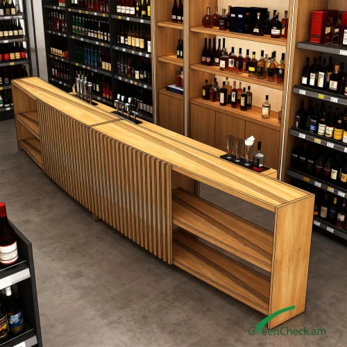 Modern wooden beverage display counter with integrated shelving, designed for premium retail stores, bars, and lifestyle spaces by GreenCheck.