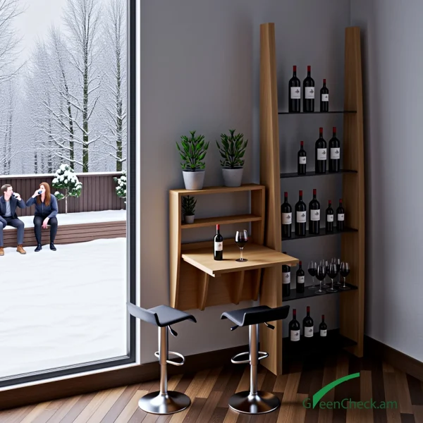 indoor-bar-beverage-display-stand-03 Minimal wooden wine corner with integrated shelving and seating, designed for intimate wine tasting and modern lifestyle interiors.