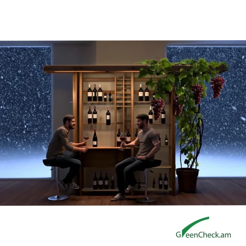 Wooden wine bar with integrated green elements, featuring natural wood shelving, wine bottle display, and living grapevine accents for lifestyle interiors.