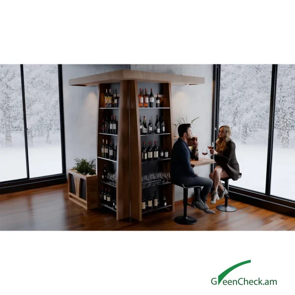indoor-bar-beverage-display-stand-05 Minimal wooden wine corner with integrated shelving and seating, designed for intimate wine tasting and modern lifestyle interiors.