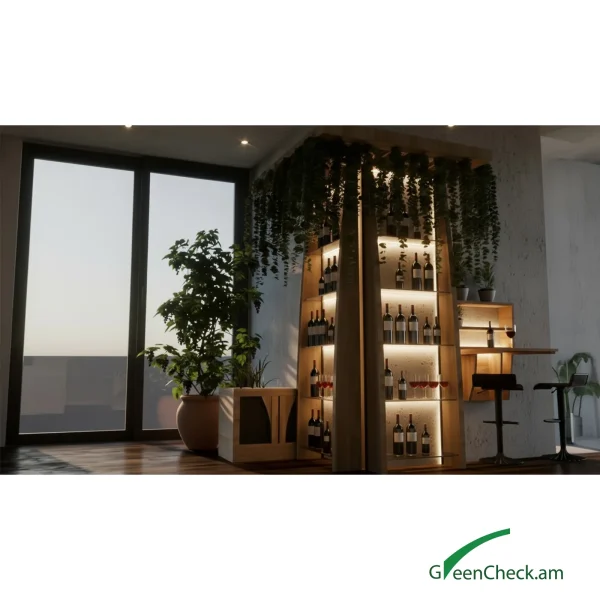 indoor-bar-beverage-display-stand-07 Minimal wooden wine corner with integrated shelving and seating, designed for intimate wine tasting and modern lifestyle interiors.