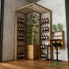 Wooden wine display corner with integrated shelving, central green plant feature, and compact tasting table, designed for green lifestyle interiors.