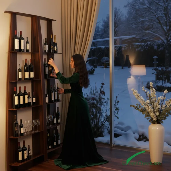 indoor-bar-beverage-display-stand-10 Minimal wooden wine corner with integrated shelving and seating, designed for intimate wine tasting and modern lifestyle interiors.