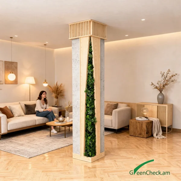 Indoor green column cover with vertical planting and modern architectural design