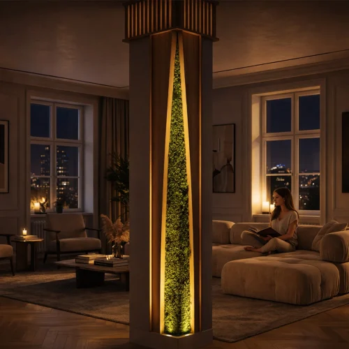 Indoor green column cover with vertical planting and modern architectural design
