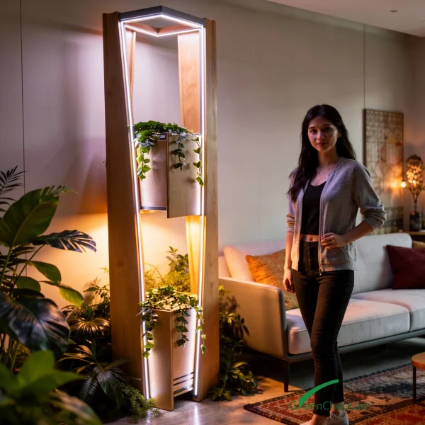 indoor-decor-triboxy-integrated-stand-04 Smart vertical green stand with two integrated 60x60 planter boxes, built-in lighting, and shrub planting system