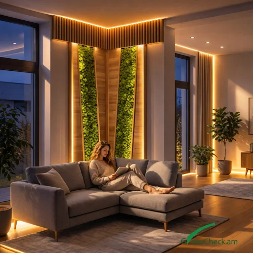 Indoor green wall integrated into a corner with wooden panels and natural greenery