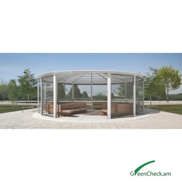 Modern 12-sided atrium with wooden structure, integrated flower boxes, smart planters, and vertical greenery in a semi-outdoor space