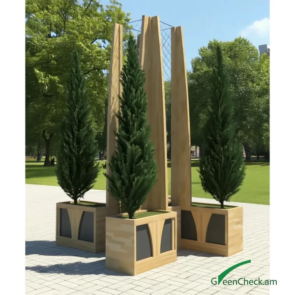 Freestanding green stand with three integrated planter boxes and vertical wooden columns in a public park