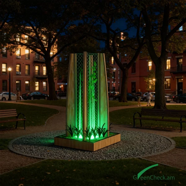 Freestanding illuminated green stand with integrated lighting for urban public spaces at night