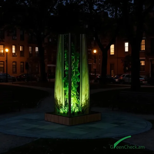 Freestanding illuminated green stand with integrated lighting for urban public spaces at night
