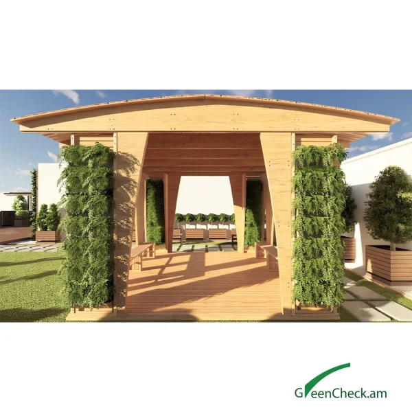 outdoor-pavilion--green-02 Green gazebo built with stem and leaf elements, featuring 24 smart flower boxes integrated into vertical columns