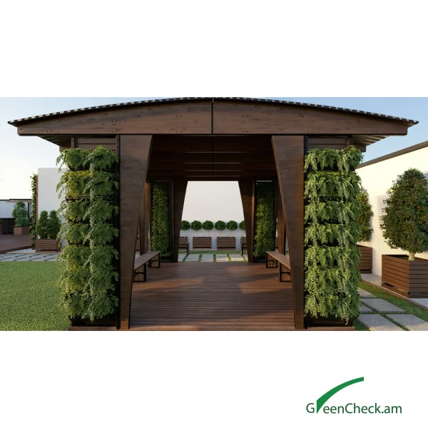outdoor-pavilion-green-03 Green gazebo built with stem and leaf elements, featuring 24 smart flower boxes integrated into vertical columns