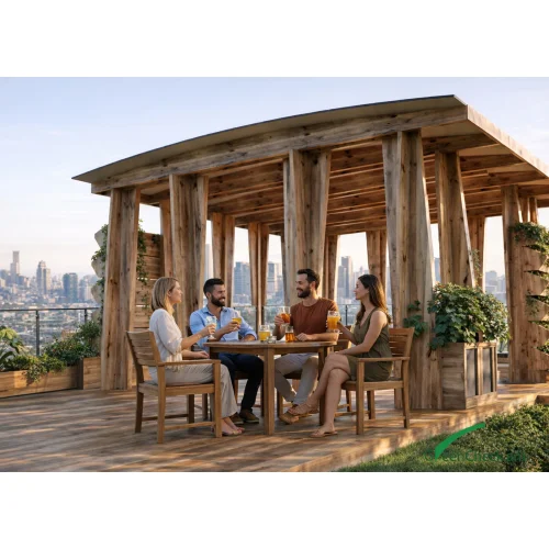 Simple wooden gazebo designed for outdoor seating and social gatherings