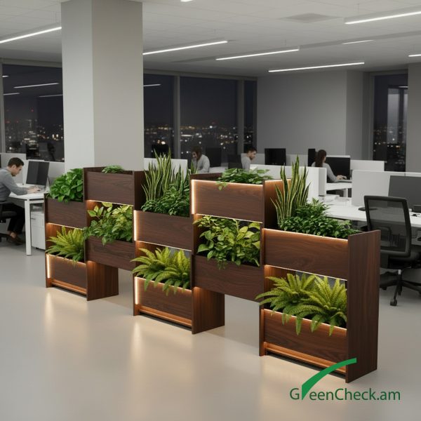 Modern wooden modular indoor planter divider with integrated greenery and soft LED lighting, designed for cafés, offices, and lifestyle interiors.