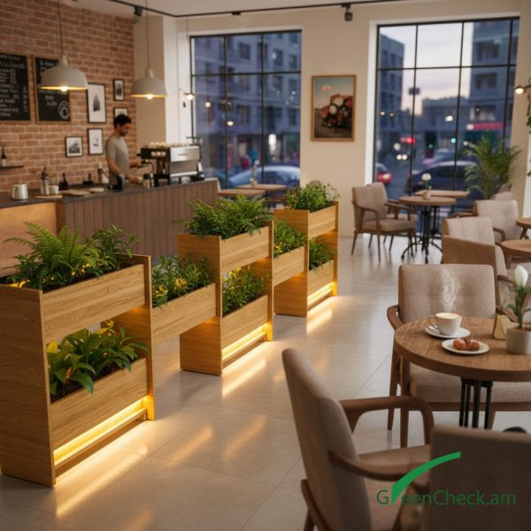 Modern wooden modular indoor planter divider with integrated greenery and soft LED lighting, designed for cafés, offices, and lifestyle interiors.