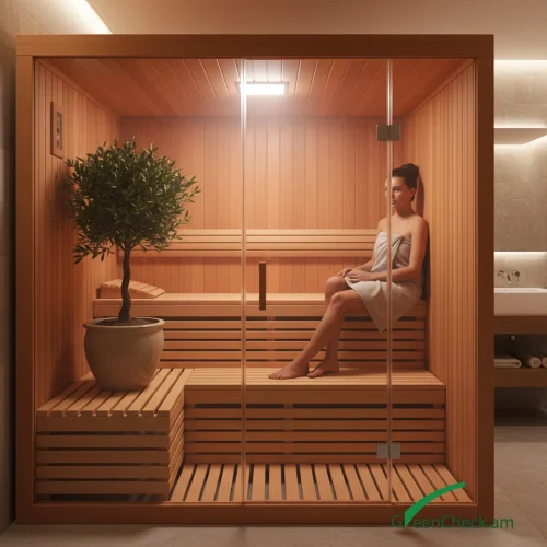 GreenCheck wooden sauna with integrated green flower boxes on both sides, crafted from durable Russian wood with anti-fungal protective coating, designed for outdoor green lifestyle spaces.