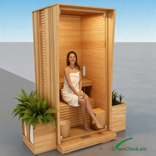 GreenCheck wooden sauna with integrated green flower boxes on both sides, crafted from durable Russian wood with anti-fungal protective coating, designed for outdoor green lifestyle spaces.