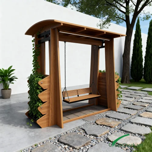 Smart garden swing with tiered planter boxes on both sides, combining modern seating design with integrated vertical greenery
