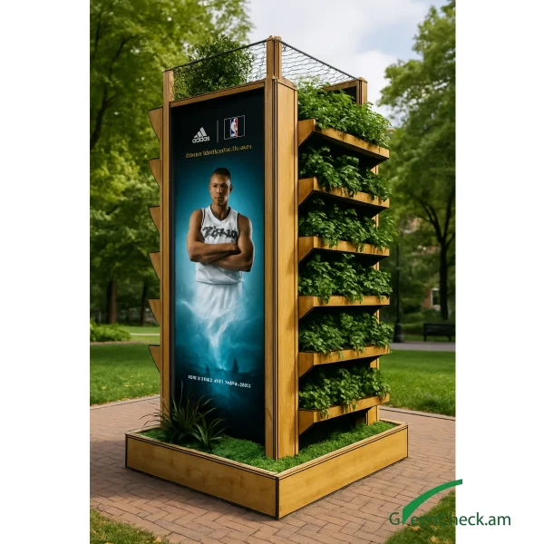 Smart green advertising stand with vertical wall-mounted planters and illuminated plexiglass advertising panels