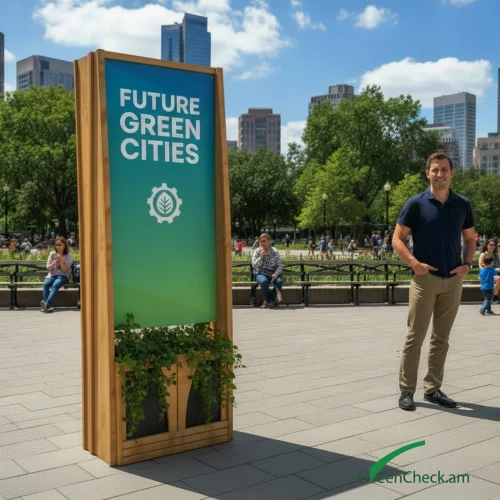 օւտdoor-display-green-advertising-stand-02 Urban green advertising stand with integrated planter and environmental message display in a public park