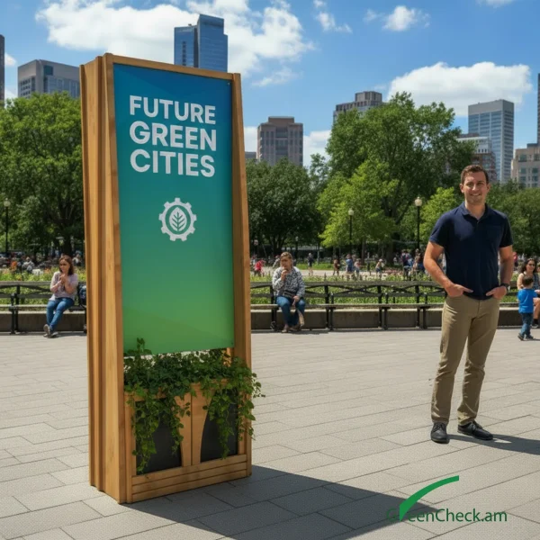 Urban green advertising stand with integrated planter and environmental message display in a public park